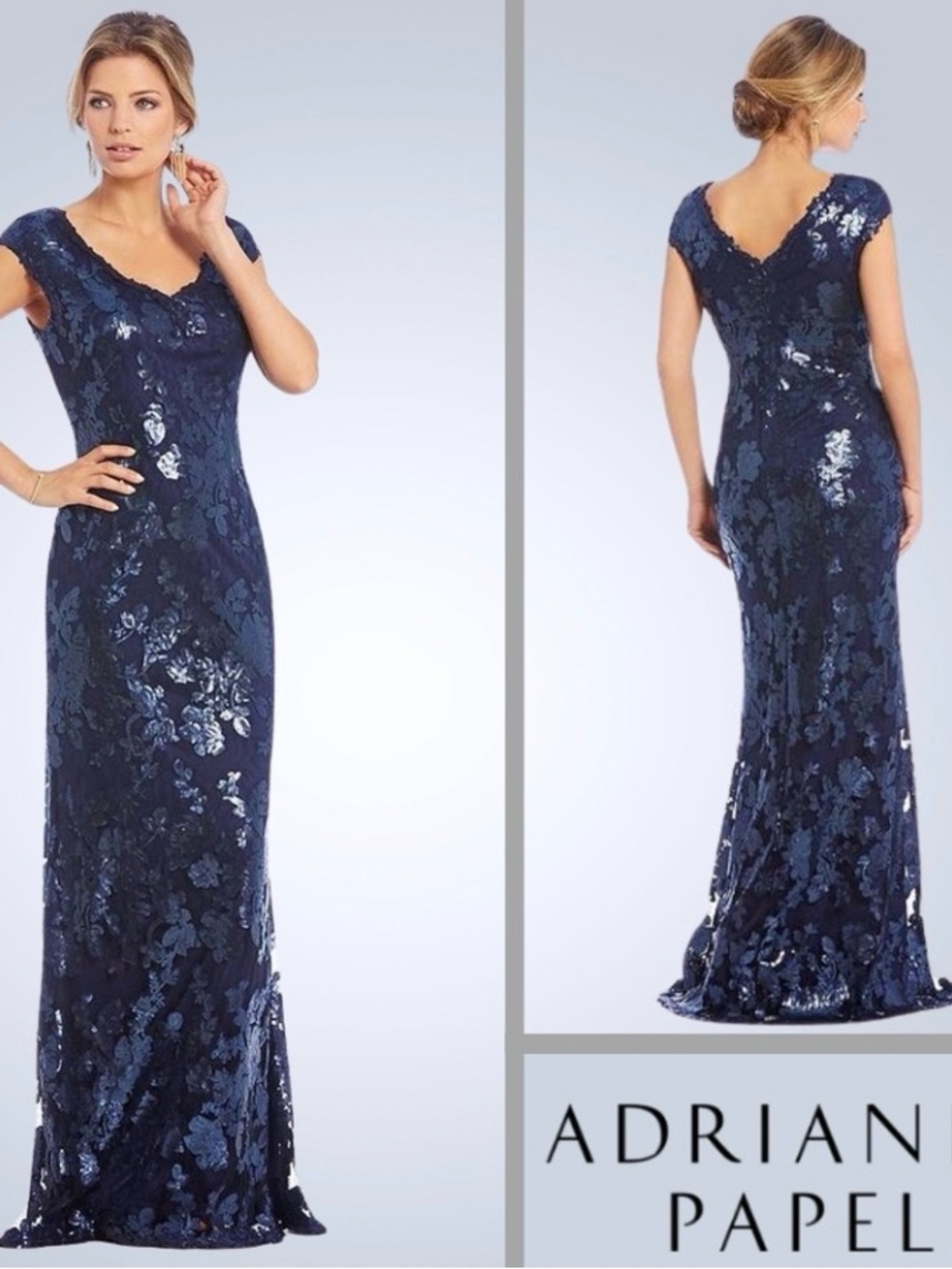 Adrianna Papell Cap Sleeve Sequin Lace Blue Dress with V-Neck Gown Size 4 Maxi